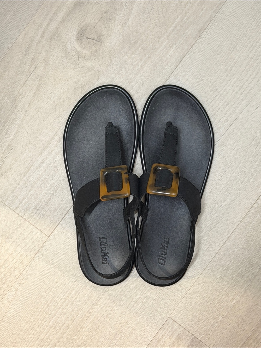 Black T-Strap Sandals with Tortoiseshell Buckle
